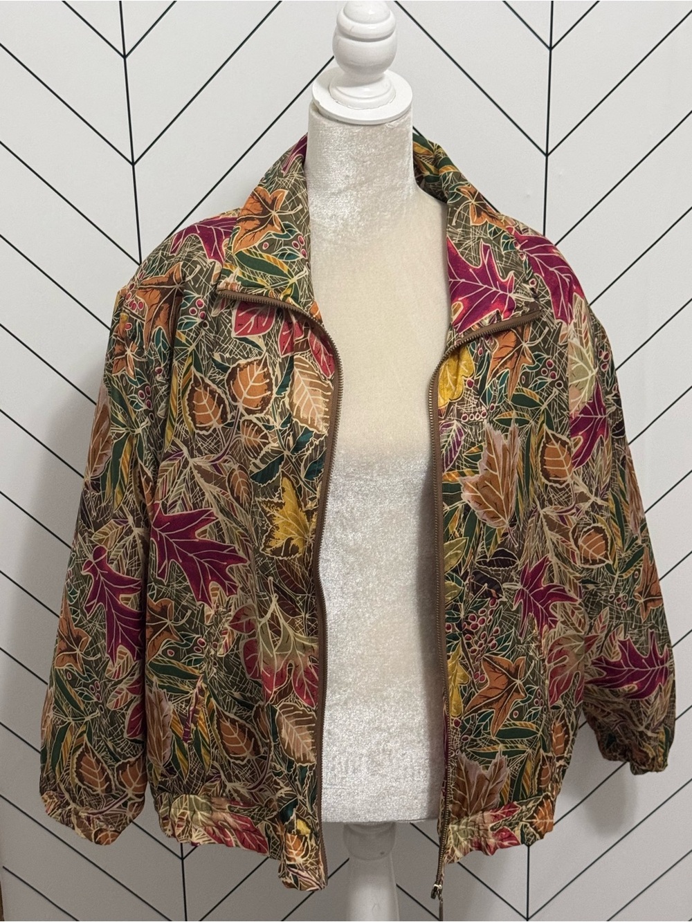Outbrook Leaf-Print Silk Bomber Jacket vintage